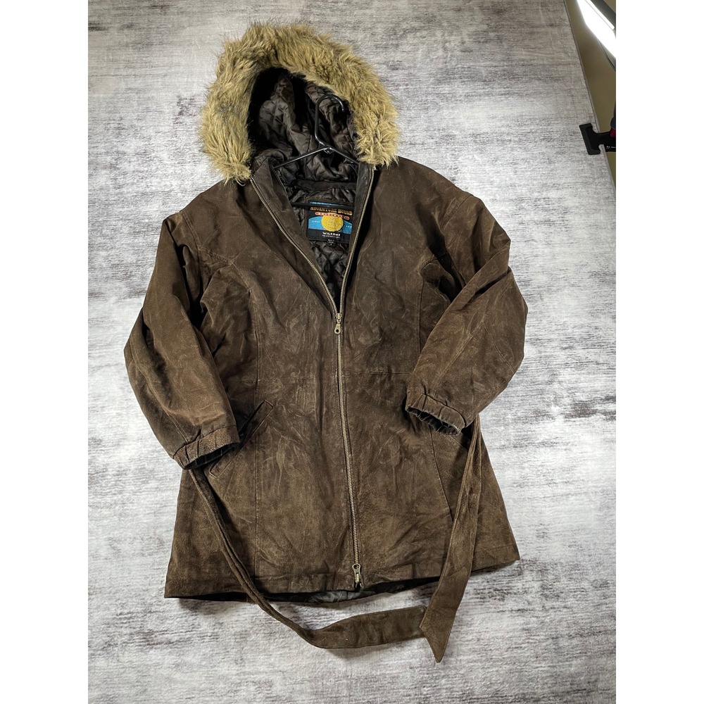 Adventure Bound Wilsons Leather Brown Suede Hooded Winter Jacket Faux Fur Trim S